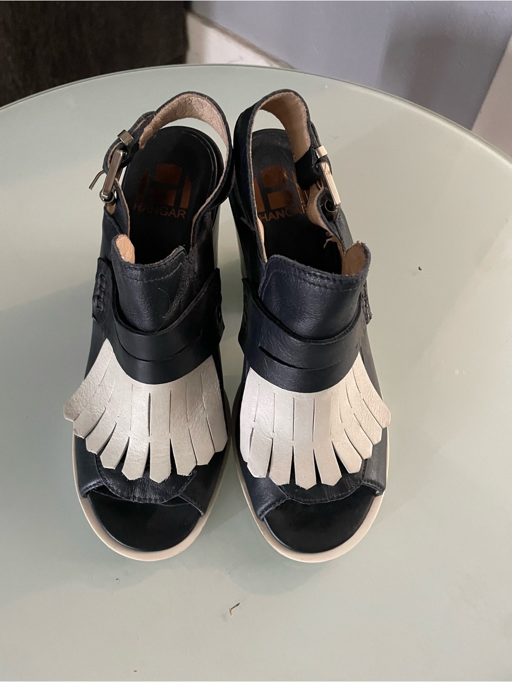 Hangar Blue  & White Fringed Leather Slingback Wedges